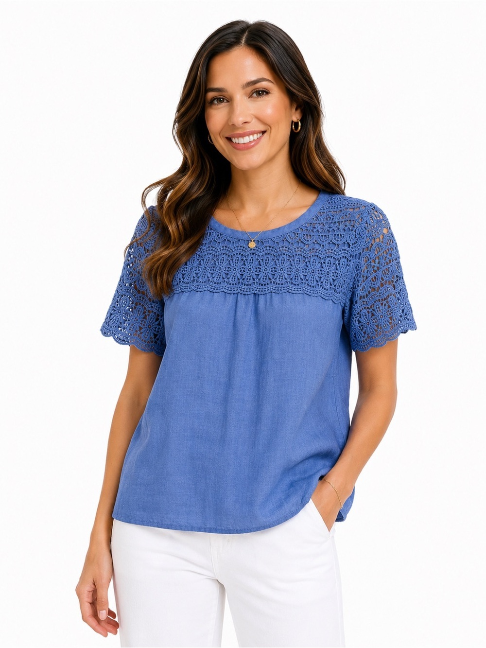 J.Crew Blue 100% Linen Crochet Lace Short Sleeve Blouse Top Size 00